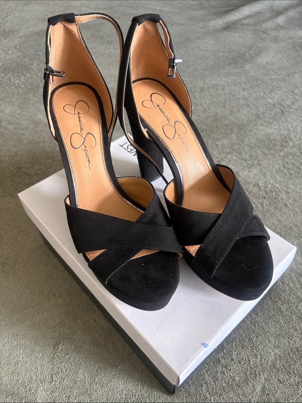 Jessica Simpson Black Suede Crisscross Open-Toe Slingback Heels
